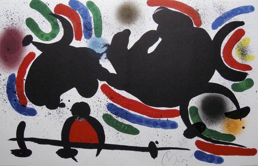 JOAN MIRO, Original signed Lihtograph, 1972: Wonderful signed Lithograph by Joan Miro. Hand signed by Joan Miro in pencil. From a VIP folder "Lithograph I" 1972. Maeght Editeur, Paris. Size: 12.4 x 19.49 inches (31.5 x 49.5 cm), with book fold.