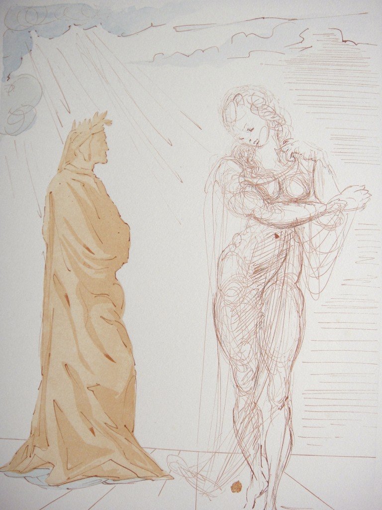 Salvador DALI, Signed Woodcut - The Divine Comedy: Original signed Woodcut 1950 - 1960 by Salvador Dali form the serie The Divine Comedy - 2nd canto of the Hell "Vergil spricht Dante Mut zu". Hand signed by Dali in pencil. Provenance: D'Art les Heures