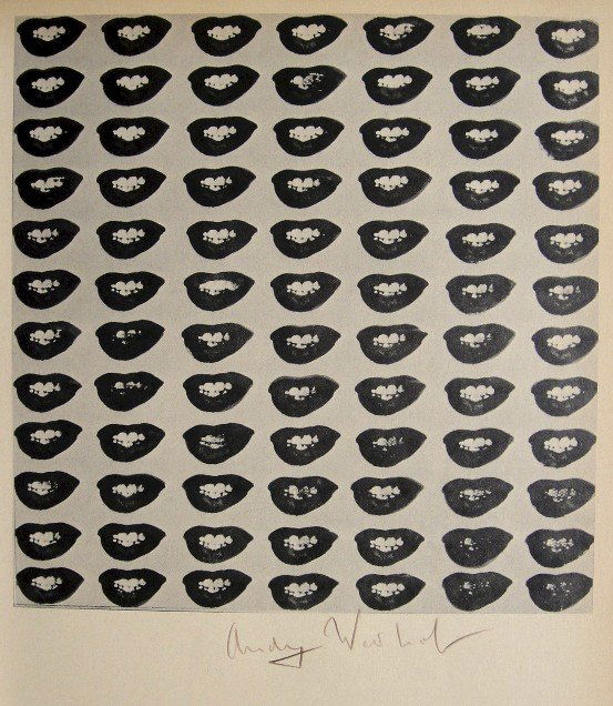 ANDY WARHOL, Signed Special Print, 1965: Andy WARHOL, "'Marilyn's Lips" signed special Print. From a signed VIP book from 1965. Hand signed by Andy Warhol in brown crayon. Printed on the back, number and title. Size: 10.6 x 7.8 in (27 x 20 c