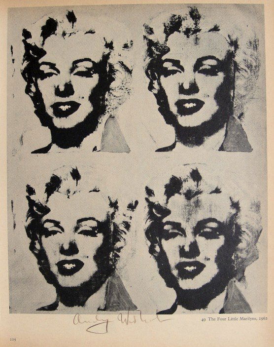 ANDY WARHOL, Signed Special Print, 1965: Andy WARHOL, "The Four Little Marilyns" signed special Print. From a signed VIP book from 1965. Hand signed by Andy Warhol in brown crayon. Printed on the back, number and title. Size: 10.6 x 7.8 in (