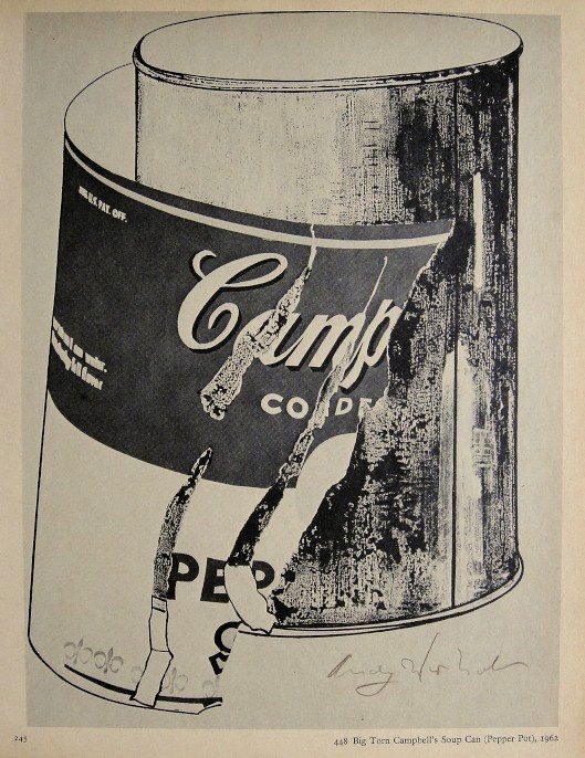 ANDY WARHOL, Signed Special Print, 1965: Andy WARHOL, "Big Torn Campbell's Soup Can" signed special Print. From a signed VIP book from 1965. Hand signed by Andy Warhol in brown crayon. Printed on the back, number and title. Size: 10.6 x 7.8