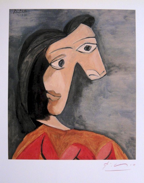 Pablo PICASSO, signed Special Print, 1962: Signed Print "Dora Maar" by Pablo Picasso. From a VIP book, published in 1962. Hand signed by Picasso in red pencil and signed in the plate. Prov: Galerie les Tourettes, Dr. A. Wertheimer, Paris. Size