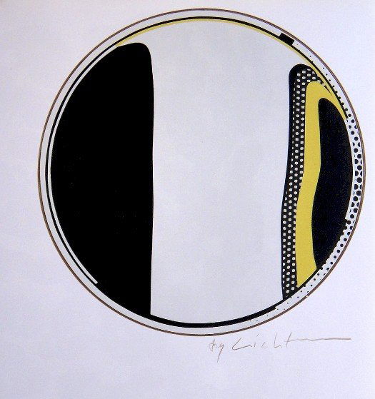 ROY LICHTENSTEIN, Signed Print, 1982: Roy LICHTENSTEIN "Mirror" signed Offset Print. From a signed VIP book published in 1982. Hand signed by Lichtenstein in black pen. Size: 11.42 x 9.25 in (29 x 23.5 cm), printed on the back.