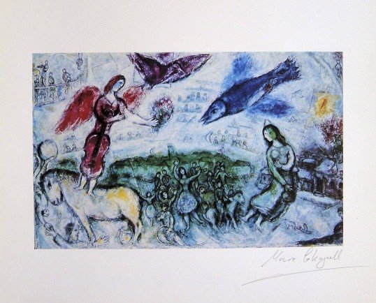 MARC CHAGALL, Hand signed Print, 1967 - 1977: Signed Print by Marc CHAGALL "Les Gens du voyage". Hand signed by Marc CHAGALL in pencil. From the signed VIP book "Peintures Recentes 1967 - 1977". Prov: Galerie les Tourettes, Dr. Anne Wertheimer /