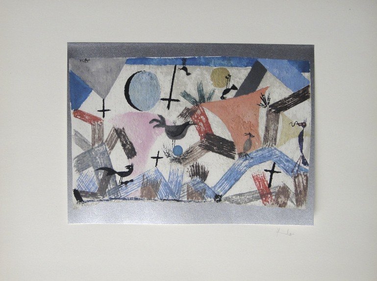 Paul Klee, signed special Print 1939: Paul Klee signed special Print "Vogelreich". From a VIP-folder, published in 1939. Print is glued on a base. Hand signed in pencil by Klee, signature on the base. Prov: Galerie les Tourettes, Dr. A. W