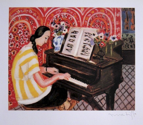 Henri Matisse, special signed Print: Henri Matisse special Print "Femme au piano". Hand signed with pencil by Matisse. From a signed VIP book. Prov: Galerie les Tourettes, Dr. A. Wertheimer, Paris. Size: 11.61 x 9.06 inches (29.5 x 23 cm