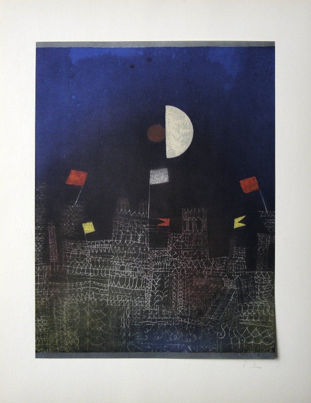 Paul Klee, signed special Print 1939: Paul Klee signed special Print "Beflaggte Stadt". From a VIP-folder, published in 1939. Print is glued on a base. Hand signed in pencil by Klee, signature on the base. Prov: Galerie les Tourettes, Dr.