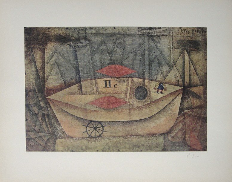 Paul Klee, signed special Print 1939: Paul Klee signed special Print "Schiff II c im Hafen". From a VIP-folder, published in 1939. Print is glued on a base. Hand signed in pencil by Klee, signature on the base. Prov: Galerie les Tourettes