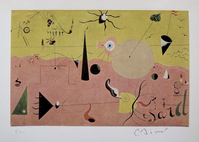 Joan Miro, special signed Print: Joan Miro special Print from a signed VIP book. Print is glued on a beautiful base. Hand signed and E.A. with pencil by Miro, signature on the base.. Prov: Galerie les Tourettes, Dr. A. Wertheimer, Pa