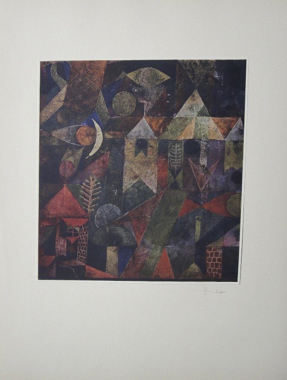 Paul Klee, signed special Print 1939: Paul Klee signed special Print "Mystisches Stadtbild". From a VIP-folder, published in 1939. Print is glued on a base. Hand signed in pencil by Klee, signature on the base. Prov: Galerie les Tourettes