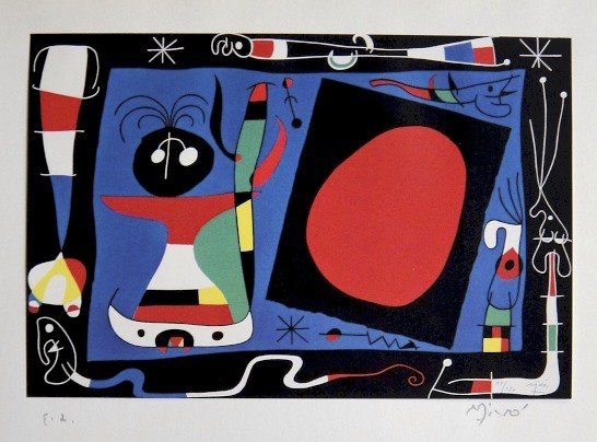 Joan Miro, special signed Print: Joan Miro special Print from a signed VIP book. Print is glued on a beautiful base. Hand signed and E.A. with pencil by Miro, signature on the base. Prov: Galerie les Tourettes, Dr. A. Wertheimer, Par