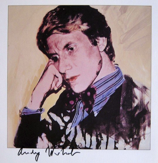 ANDY WARHOL, Signed Print "Portraits", 1982: Andy WARHOL, "Portrait Yves St. Laurent", signed special Print. From a signed VIP-catalog from 1982. Hand signed by Andy Warhol in black pen. Size: 8.27 x 8.27 in (21 x 21 cm).