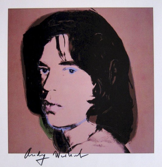 ANDY WARHOL, Signed Print "Portraits", 1982: Andy WARHOL, "Portrait Mick Jagger", signed special Print. From a signed VIP-catalog from 1982. Hand signed by Andy Warhol in black pen. Size: 8.27 x 8.27 in (21 x 21 cm).