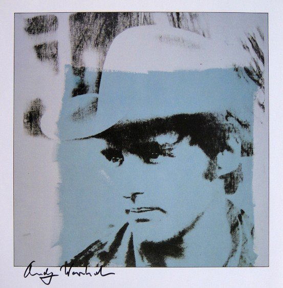 ANDY WARHOL, Signed Print "Portraits", 1982: Andy WARHOL, "Portrait Dennis Hopper", signed special Print. From a signed VIP-catalog from 1982. Hand signed by Andy Warhol in black pen. Size: 8.27 x 8.27 in (21 x 21 cm).