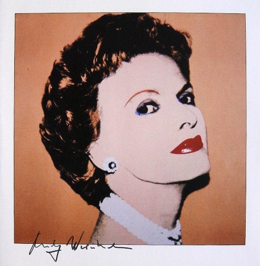 ANDY WARHOL, Signed Print "Portraits", 1982: Andy WARHOL, "Caroline Ireland" signed special Print. From a signed VIP-catalog from 1982. Hand signed by Andy Warhol in black pen. Size: 8.27 x 8.27 in (21 x 21 cm), printed on the back.