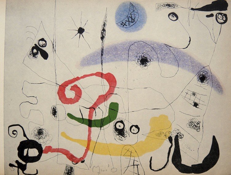 JOAN MIRO, Hand signed Print, 1954: Beautiful signed lithograph by Joan Miro. Hand signed by Miro in pencil. This lithograph was part of the signed VIP book "The Graphic Work". Prov: Mourlot / Aime Maeght Staedtische Galerie Muenchen / 