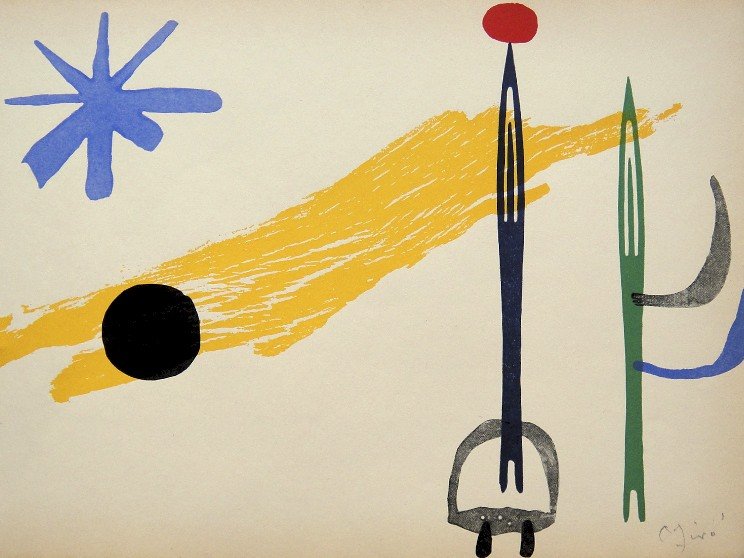 JOAN MIRO, Hand signed Print, 1954: Beautiful signed lithograph by Joan Miro. Hand signed by Miro in pencil. This lithograph was part of the signed VIP book "The Graphic Work". Prov: Mourlot / Aime Maeght Staedtische Galerie Muenchen / 