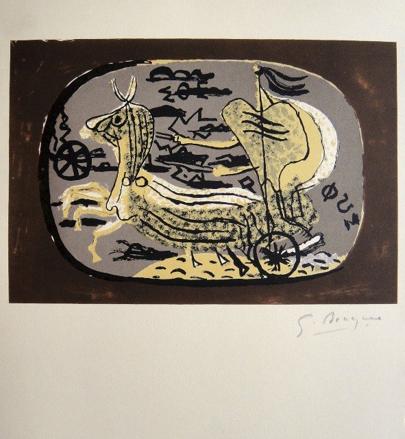 GEORGES BRAQUE, Signed Lithograph, 1963: Georges BRAQUE, signed Lithograph 1963. Hand signed by Braque in pencil. Signed VIP book edition of "Lithograph". Printed by Fernand Mourlot and AndrŽ Sauret, Union de Paris / 1963. Size: 11.8 x 9.4 