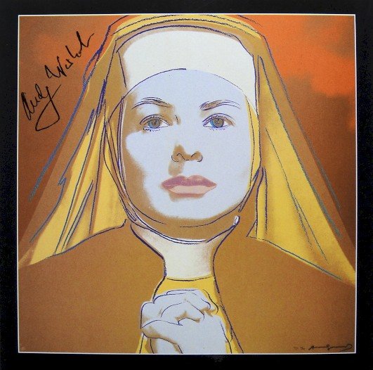 Andy Warhol signed Print "Ingrid Bergman" 1983: Special Print by Andy Warhol "Portrait of Ingrid Bergman as nun". Hand signed by Andy Warhol in black pen. From a signed gallery edition, picturing Ingrid Bergman / Malmš Sweden, 1983. Size: 8.86 x 8