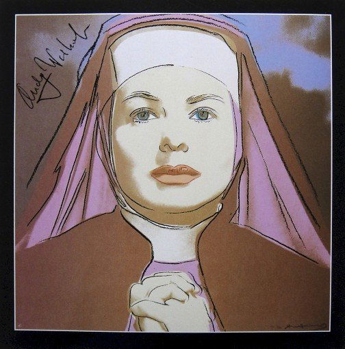 Andy Warhol signed Print "Ingrid Bergman" 1983: Special Print by Andy Warhol "Portrait of Ingrid Bergman as nun". Hand signed by Andy Warhol in black pen. From a signed gallery edition, picturing Ingrid Bergman / Malmš Sweden, 1983. Size: 8.86 x 8