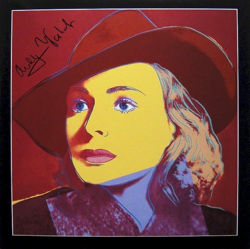 Andy Warhol signed Print "Ingrid Bergman" 1983: Special Print by Andy Warhol "Portrait of Ingrid Bergman with hat". Hand signed by Andy Warhol in black pen. From a signed gallery edition, picturing Ingrid Bergman / Malmš Sweden, 1983. Size: 8.86 x
