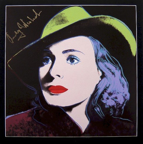 Andy Warhol signed Print "Ingrid Bergman" 1983: Special Print by Andy Warhol "Portrait of Ingrid Bergman with hat". Hand signed by Andy Warhol in gold pen. From a signed gallery edition, picturing Ingrid Bergman / Malmš Sweden, 1983. Size: 8.86 x