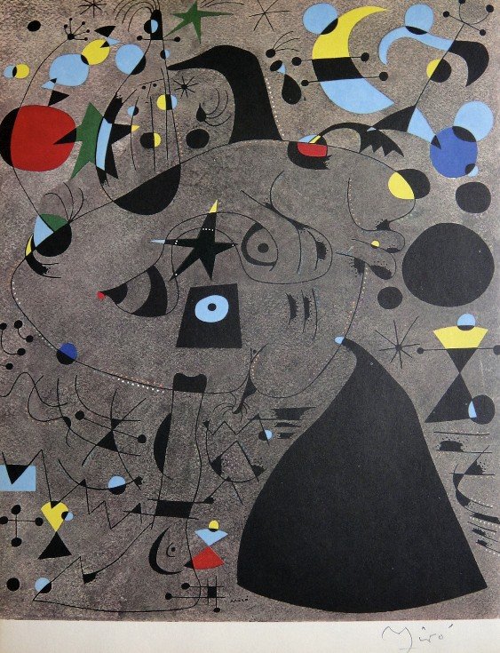 JOAN MIRO, Hand signed Lithograph: Beautiful signed lithograph by Joan Miro. Hand signed by Miro in pencil. This lithograph if from a signed VIP book. Prov: Mourlot, Paris. Size: 12.2 x 9.25 inches (31 x 23.5 cm), printed on the back.