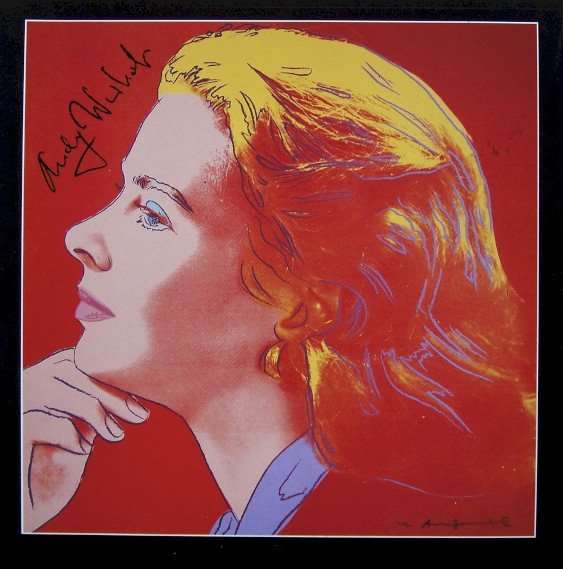 Andy Warhol signed Print "Ingrid Bergman" 1983: Special Print by Andy Warhol "Portrait of Ingrid Bergman". Hand signed by Andy Warhol in black pen. From a signed gallery edition, picturing Ingrid Bergman / Malmš Sweden, 1983. Size: 8.86 x 8.86 inc
