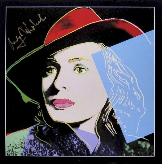 Andy Warhol signed Print "Ingrid Bergman" 1983: Special Print by Andy Warhol "Portrait of Ingrid Bergman with hat". Hand signed by Andy Warhol in gold pen. From a signed gallery edition, picturing Ingrid Bergman / Malmš Sweden, 1983. Size: 8.86 x 