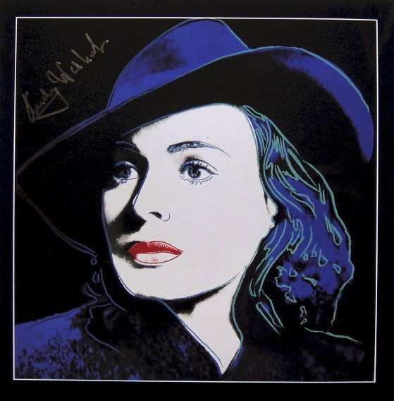 Andy Warhol signed Print "Ingrid Bergman" 1983: Special Print by Andy Warhol "Portrait of Ingrid Bergman with hat". Hand signed by Andy Warhol in gold pen. From a signed gallery edition, picturing Ingrid Bergman / Malmš Sweden, 1983. Size: 8.86 x