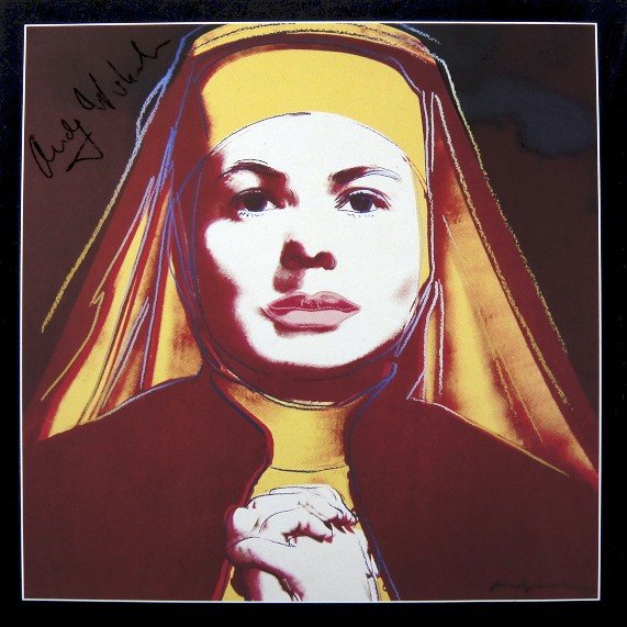 Andy Warhol signed Print "Ingrid Bergman" 1983: Special Print by Andy Warhol "Portrait of Ingrid Bergman as nun". Hand signed by Andy Warhol in black pen. From a signed gallery edition, picturing Ingrid Bergman / Malmš Sweden, 1983. Size: 8.86 x 8