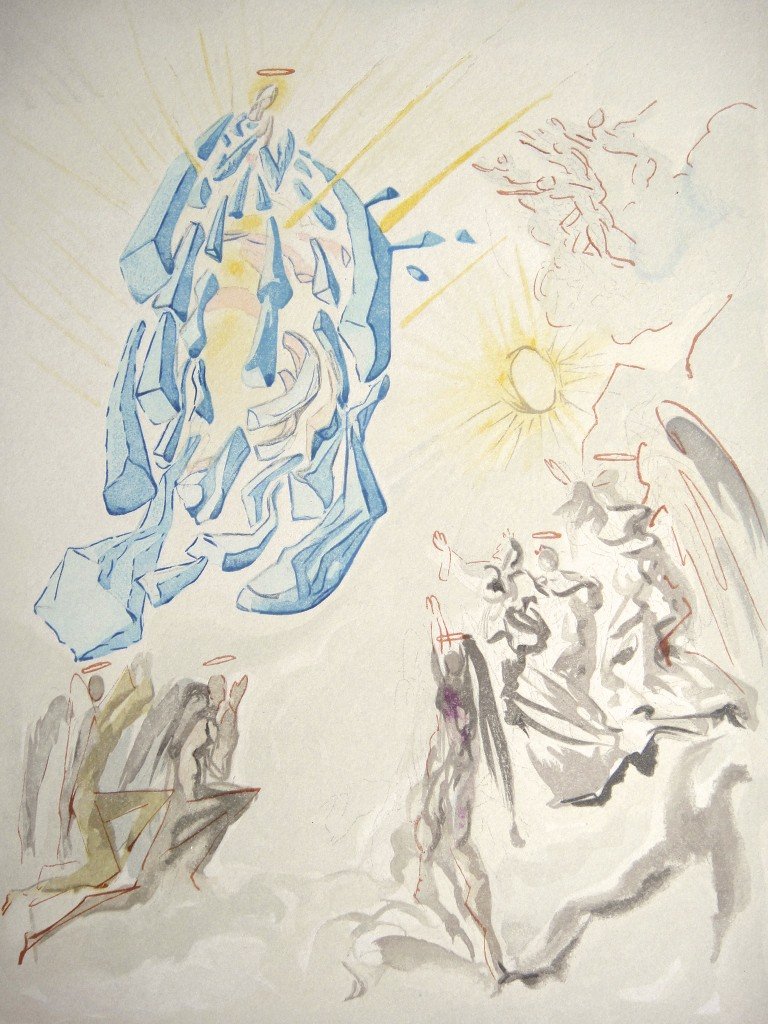 Salvador DALI, Signed Woodcut - The Divine Comedy: Original signed Woodcut 1950 - 1960 by Salvador Dali form the serie The Divine Comedy - 24th canto of the Paradiese "Dante erlangt das Augenlicht zurŸck". Hand signed by Dali in pencil. Provenance: D
