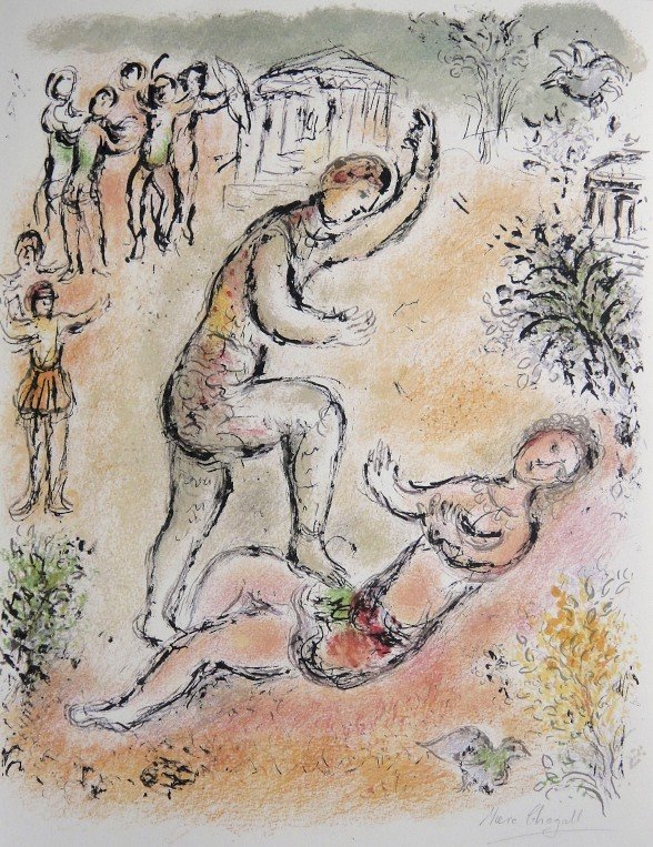 Marc Chagall, original Lithograph "L'Odyssee": Marc Chagall original Lithograph "Der Kampf des Odysseus und des Iros" (Mourlot 810). From a signed VIP book "L'Odyssee" 1974/75. Hand signed in pencil by Marc Chagall. Les Editions II Mourlot, Paris.