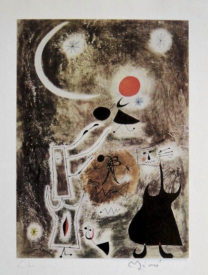 Joan Miro, special signed Print: Joan Miro special Print from a signed VIP book. Print is glued on a beautiful base. Hand signed with pencil by Miro, signature on the base. Prov: Galerie les Tourettes, Dr. A. Wertheimer, Paris. Size: