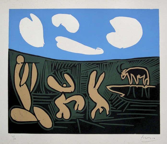 PABLO PICASSO, Hand signed Linocut, 1962: Pablo Picasso original hand signed Linocut, 1962. "Bacchanale au Taureau" (Bloch 933) Signature and numbered 40/50 in pencil by Pablo Picasso. Publishing house Gerd Hatje, Stuttgart 1962 and for Franc