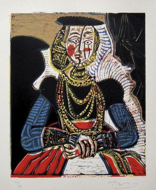 PABLO PICASSO, Hand signed Linocut, 1962: Pablo Picasso original hand signed Linocut, 1962. "Buste de Femme d'apres Cranach le Jeune" (Bloch 859) Signature and numbered 40/50 in pencil by Pablo Picasso. Publishing house Gerd Hatje, Stuttgart 