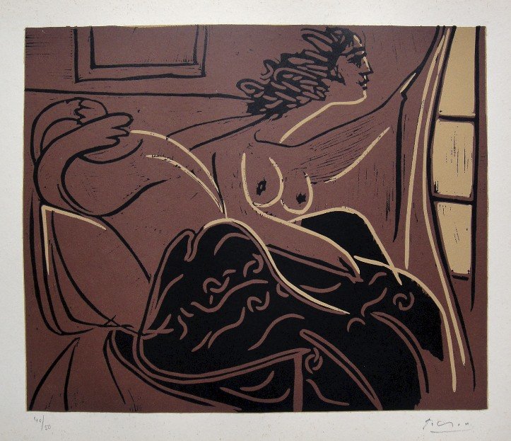 PABLO PICASSO, Hand signed Linocut, 1962: Pablo Picasso original hand signed Linocut, 1962. "Femme regardant par la Fenetre" (Bloch 925) Signature and numbered 40/50 in pencil by Pablo Picasso. Publishing house Gerd Hatje, Stuttgart 1962 and 