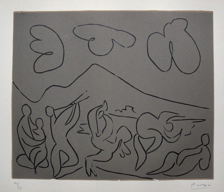 PABLO PICASSO, Hand signed Linocut, 1962: Pablo Picasso original hand signed Linocut, 1962. "Bacchanale" (Bloch 927) Signature and numbered 40/50 in pencil by Pablo Picasso. Publishing house Gerd Hatje, Stuttgart 1962 and for France edition C