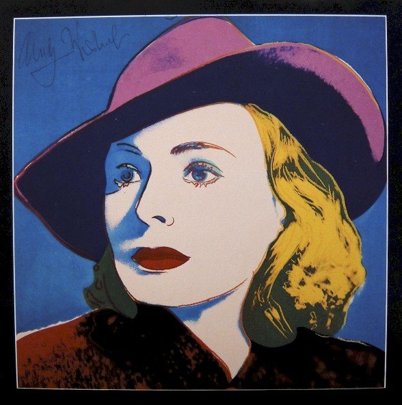 Andy Warhol signed Print "Ingrid Bergman" 1983: Special Print by Andy Warhol "Portrait of Ingrid Bergman with hat". Hand signed by Andy Warhol in black pen. From a signed gallery edition, picturing Ingrid Bergman / Malmš Sweden, 1983. Size: 8.86 x