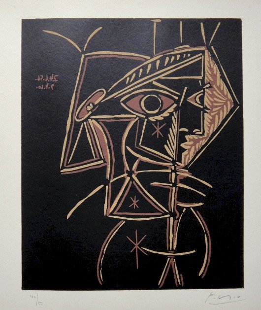 PABLO PICASSO, Hand signed Linocut, 1962: Pablo Picasso original hand signed Linocut, 1962. "Tete de Femme" (Bloch 947) Signature and numbered 40/50 in pencil by Pablo Picasso. Publishing house Gerd Hatje, Stuttgart 1962 and for France editio