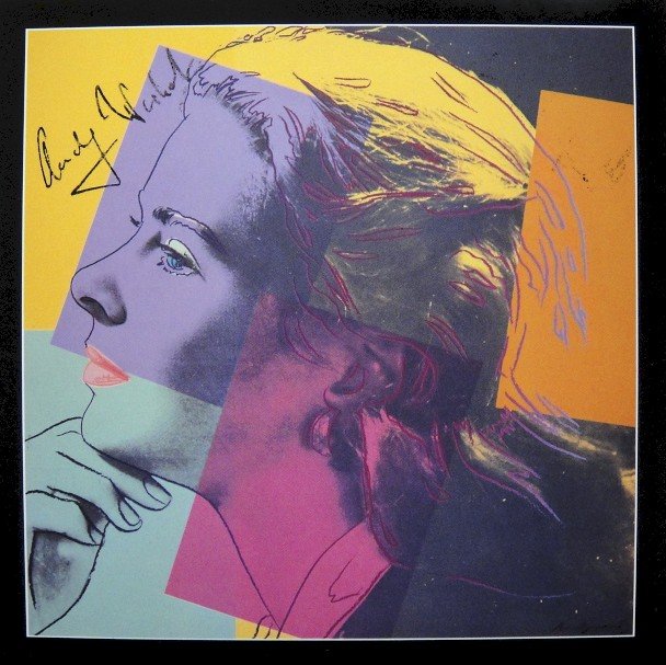 Andy Warhol signed Print "Ingrid Bergman" 1983: Special Print by Andy Warhol "Portrait of Ingrid Bergman". Hand signed by Andy Warhol in black pen. From a signed gallery edition, picturing Ingrid Bergman / Malmš Sweden, 1983. Size: 8.86 x 8.86 inc