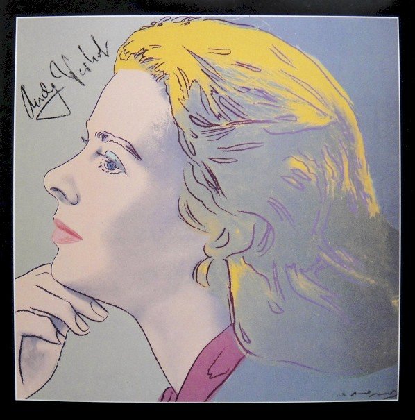 Andy Warhol signed Print "Ingrid Bergman" 1983: Special Print by Andy Warhol "Portrait of Ingrid Bergman". Hand signed by Andy Warhol in black pen. From a signed gallery edition, picturing Ingrid Bergman / Malmš Sweden, 1983. Size: 8.86 x 8.86 inc