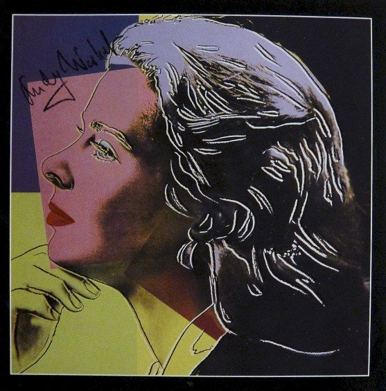 Andy Warhol signed Print "Ingrid Bergman" 1983: Special Print by Andy Warhol "Portrait of Ingrid Bergman". Hand signed by Andy Warhol in black pen. From a signed gallery edition, picturing Ingrid Bergman / Malmš Sweden, 1983. Size: 8.86 x 8.86 inc