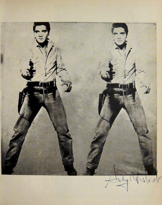 ANDY WARHOL, Special Print, "Elvis II": Andy WARHOL, "Elvis II" signed special Print. From a signed VIP book from 1968. Hand signed by Andy Warhol in black pen. Size: 10.43 x 7.87 in (26.5 x 20 cm), printed on the back.