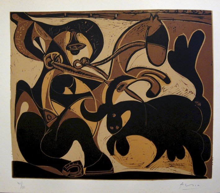PABLO PICASSO, Hand signed Linocut, 1962: Pablo Picasso original hand signed Linocut, 1962. "Pique" (Bloch 911) Signature and numbered 40/50 in pencil by Pablo Picasso. Publishing house Gerd Hatje, Stuttgart 1962 and for France edition Circle