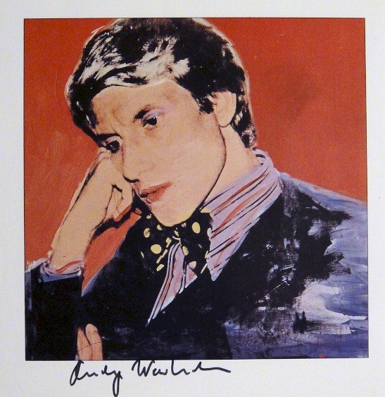 ANDY WARHOL, Signed Print "Portraits", 1982: Andy WARHOL, "Portrait Yves St. Laurent", signed special Print. From a signed VIP-catalog from 1982. Hand signed by Andy Warhol in black pen. Size: 8.27 x 8.27 in (21 x 21 cm).