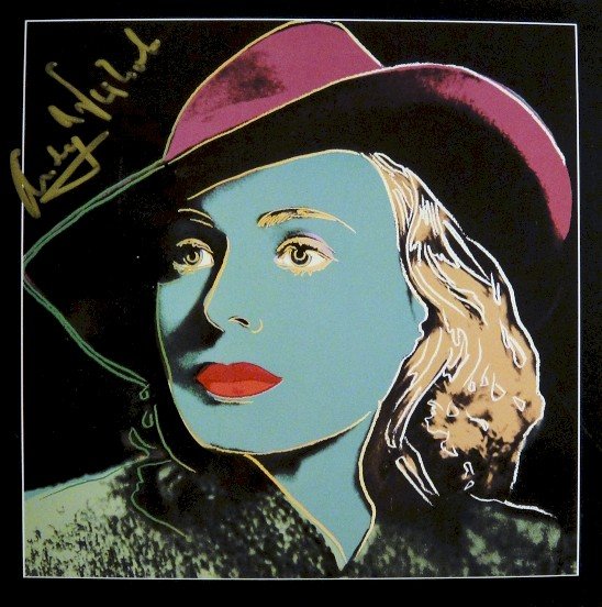 Andy Warhol signed Print "Ingrid Bergman" 1983: Special Print by Andy Warhol "Portrait of Ingrid Bergman with hat". Hand signed by Andy Warhol in gold pen. From a signed gallery edition, picturing Ingrid Bergman / Malmš Sweden, 1983. Size: 8.86 x 
