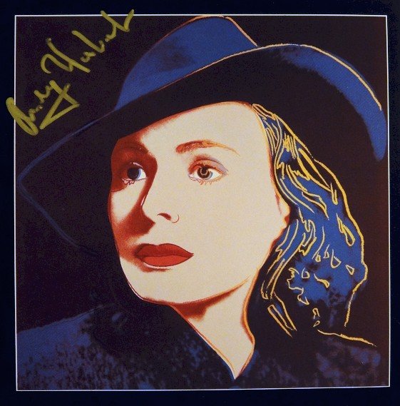 Andy Warhol signed Print "Ingrid Bergman" 1983: Special Print by Andy Warhol "Portrait of Ingrid Bergman with hat". Hand signed by Andy Warhol in gold pen. From a signed gallery edition, picturing Ingrid Bergman / Malmš Sweden, 1983. Size: 8.86 x