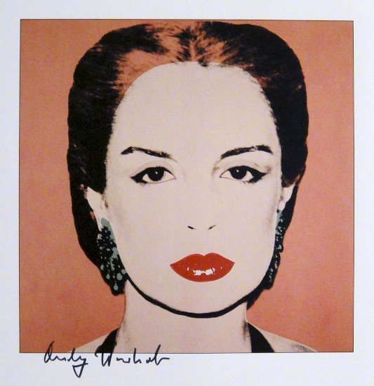 ANDY WARHOL, Signed Print "Portraits", 1982: Andy WARHOL, "Carolina Herrera" signed special Print. From a signed VIP-catalog from 1982. Hand signed by Andy Warhol in black pen. Size: 8.27 x 8.27 in (21 x 21 cm), printed on the back.