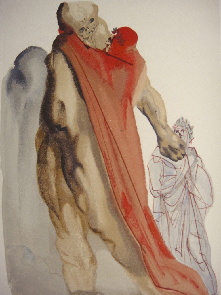 Salvador DALI, Signed Woodcut - The Divine Comedy: Original signed Woodcut 1950 - 1960 by Salvador Dali form the serie The Divine Comedy - 5th canto of the Purgatory "Vergil tŸgt Dantes LŠssigkeit". Hand signed by Dali in pencil. Provenance: D'Art l